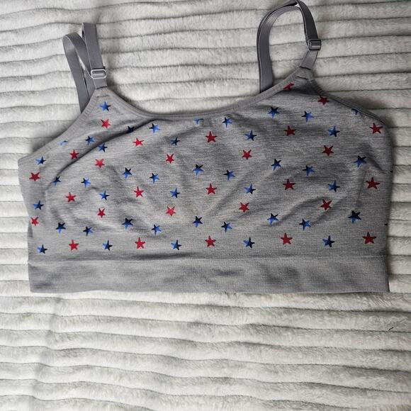 Red White Blue Star Print Bralette Gray Strappy Back Crop Top Patriotic M - Picture 4 of 7